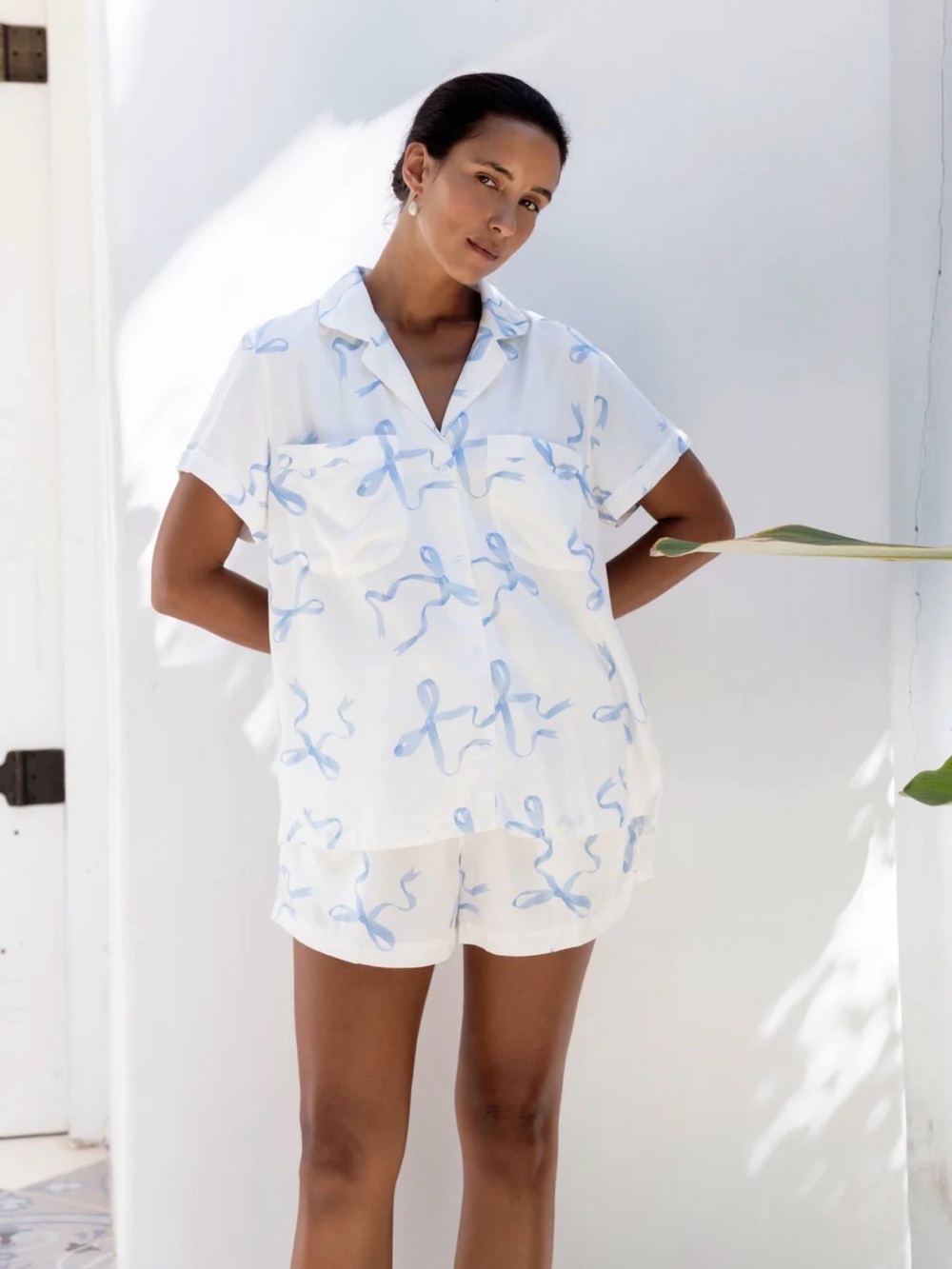 PIYAMA / Abigail Sleep Top Bow white and blue
